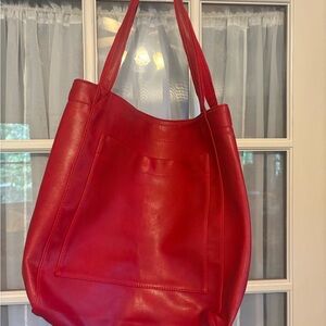 Large True Red Real Leather Tote Bag- new never used 15 tall x 14 wide x 4” deep